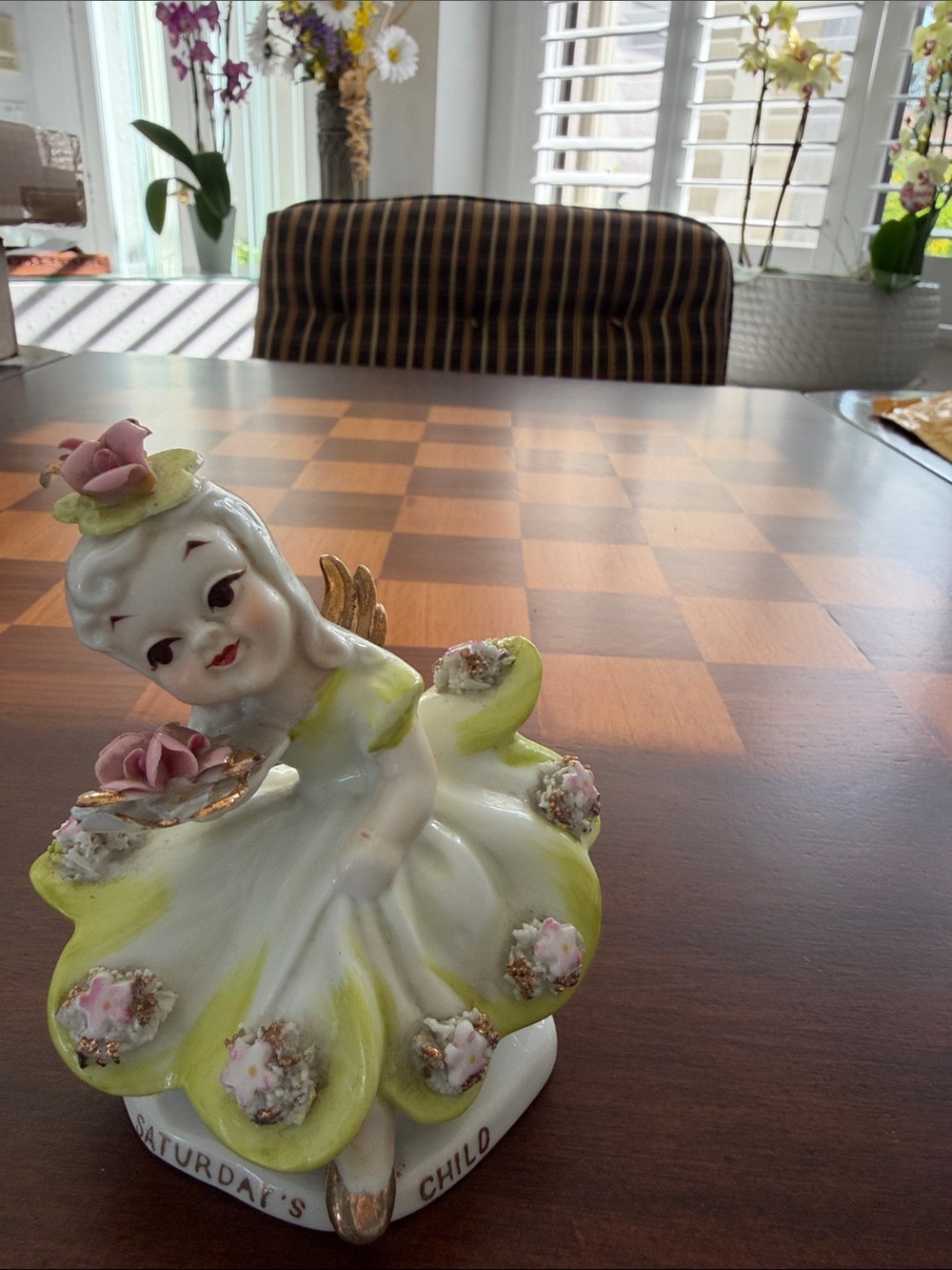 Vintage 'Saturday's Child' Porcelain Figurine - Yellow & Pink Floral Angel